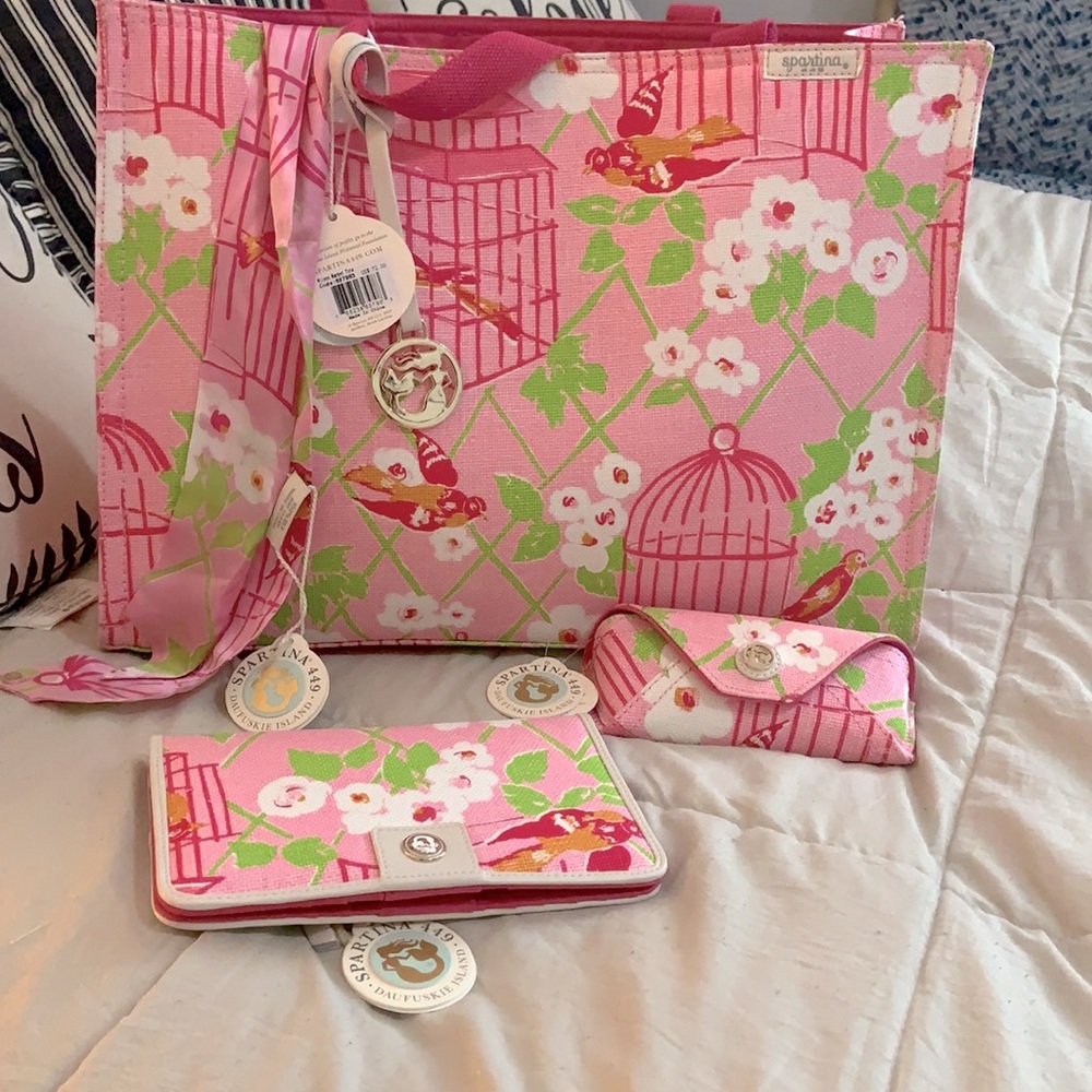 Spartina NWT Tote, silk scarf, sunglasses case, wallet set